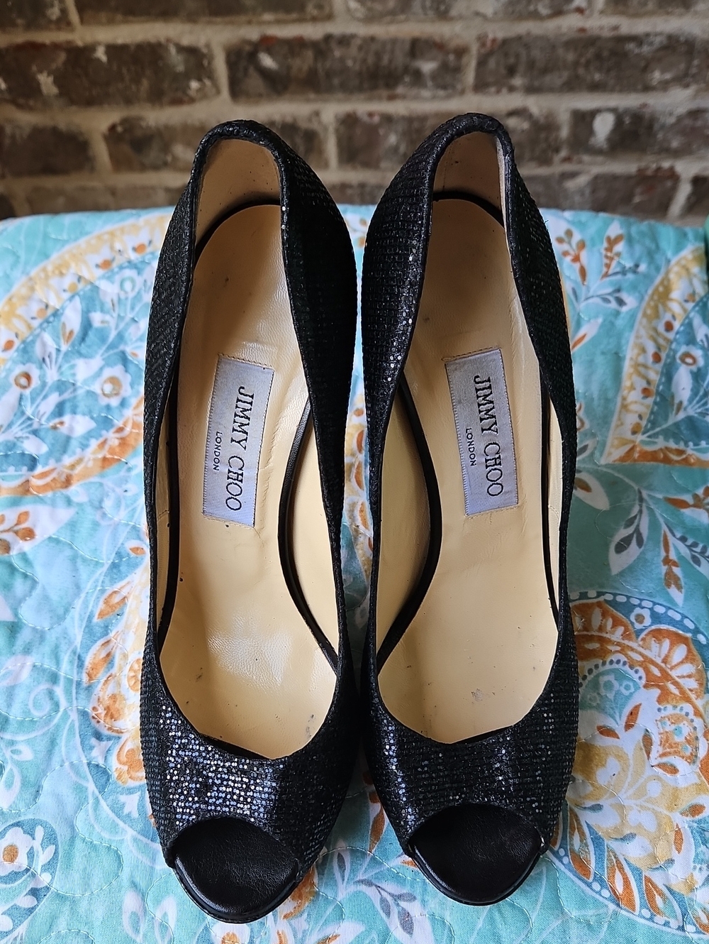 Jimmy Choo Classic Black Textured Sparkly Peep-Toe Stiletto Pumps Size 38.5 - Picture 2 of 6